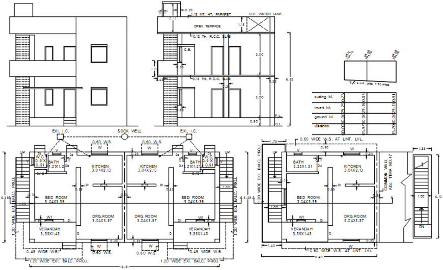 Simple house elevation, section and floor plan cad drawing details dwg
