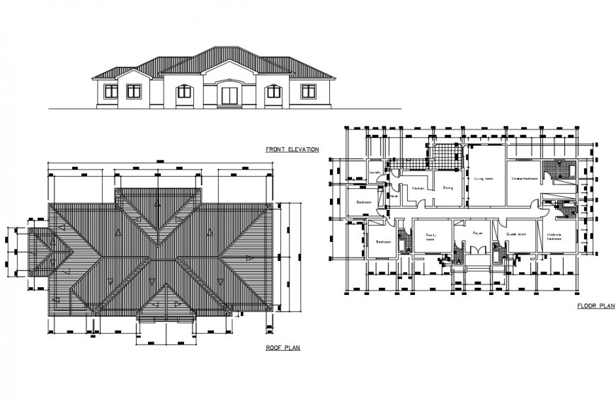 Single family house front elevation floor plan  and roof 