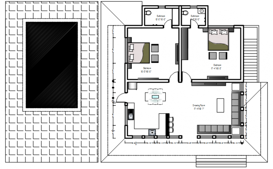Single family two  bedroom  house  layout plan  cad drawing  
