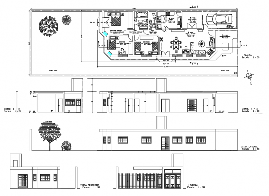Single story one family house elevation, section and plan cad drawing
