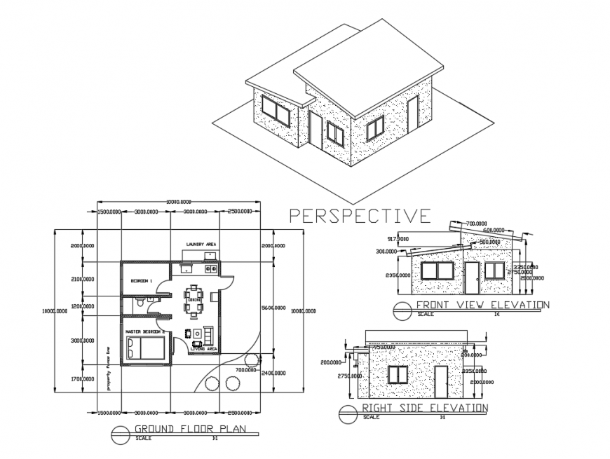  Small  house  left right and perspective elevation with 