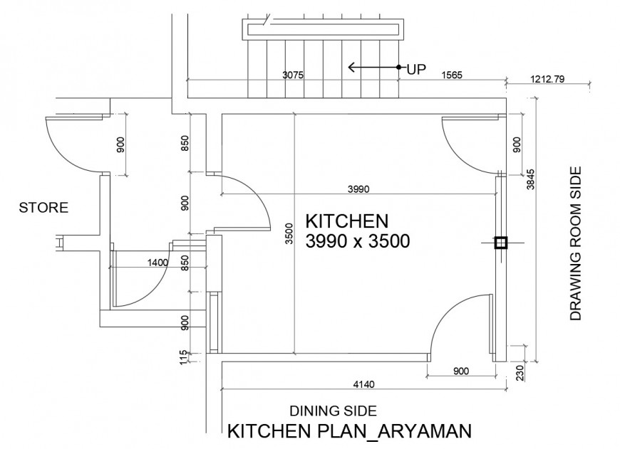 Small kitchen layout plan with dining area cad drawing