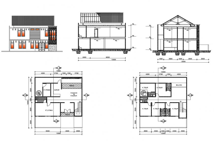 Small two story house  elevation  section and plan  cad 