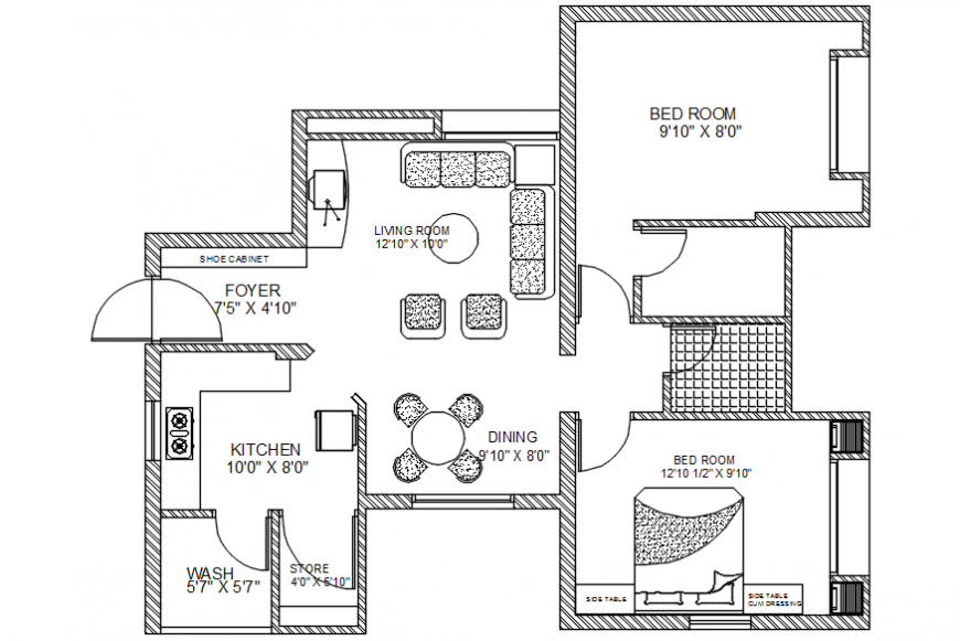 Small two  bedroom  house  layout plan  cad drawing  details 