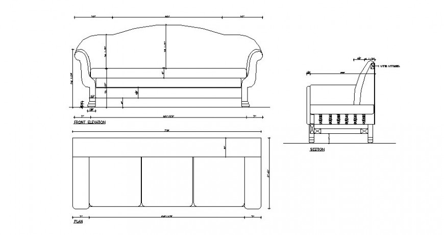 Sofa set front elevation, section and plan cad drawing details dwg file