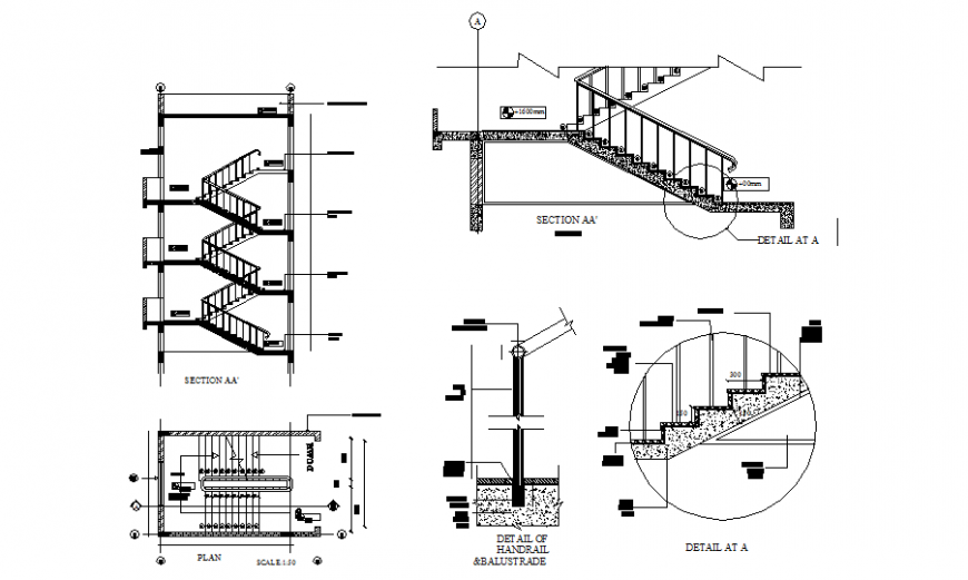 Stair plan elevation and section layout file Cadbull