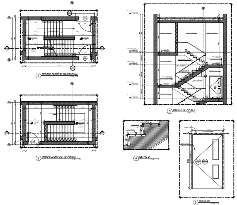 staircase plan,sections and working detail - Cadbull