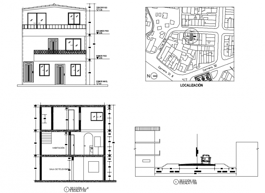 Three level house elevation  section and site  plan  cad 