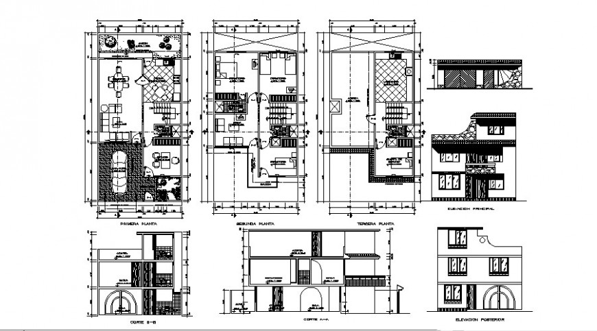 Three story house elevation section and floor plan cad 