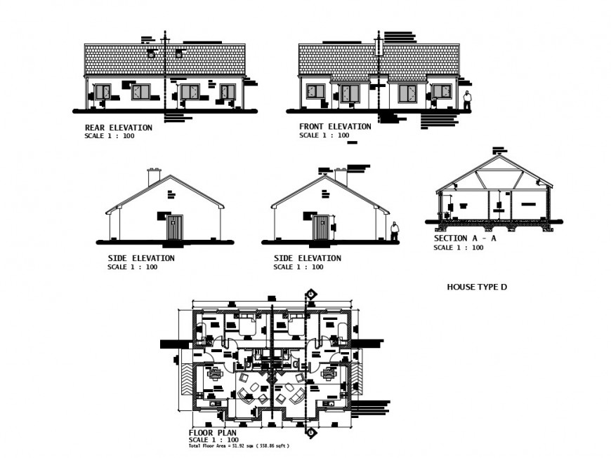 Twin house  elevation  section  and layout plan  cad drawing  