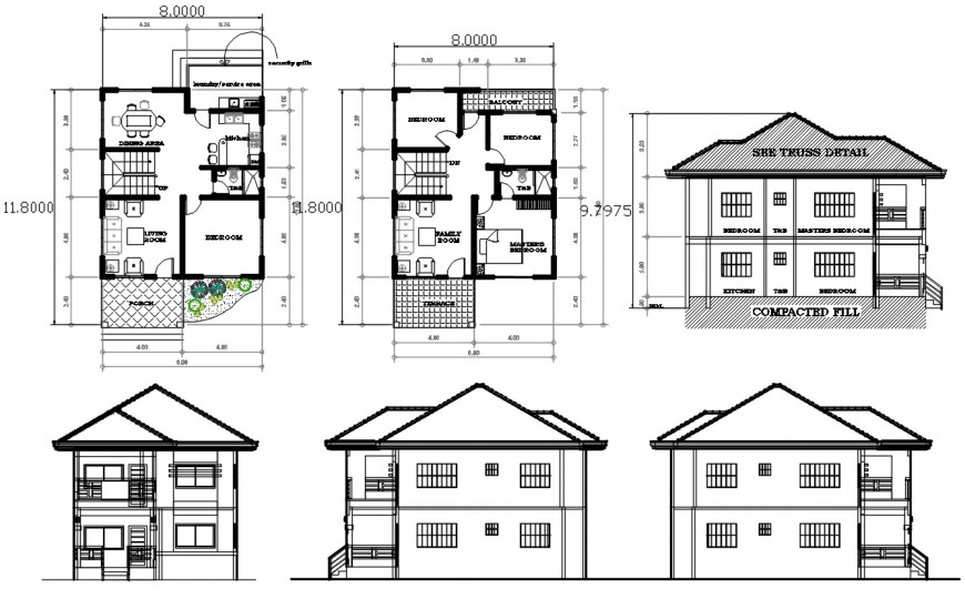Two-story roof house elevations and floor plan distribution drawing