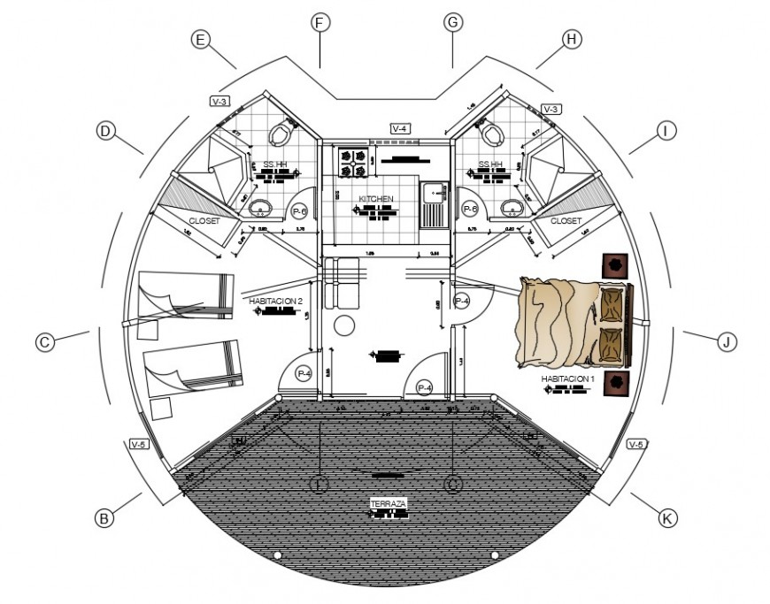  Two  bedroom  house  circular layout plan  cad drawing  details 