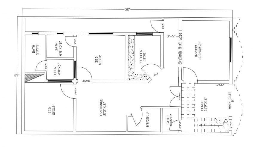 Two Bedroom House Layout Plan With Dimension Drawing