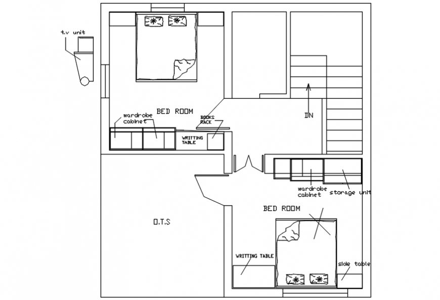  Two  bedroom  house  top view layout plan  with furniture 