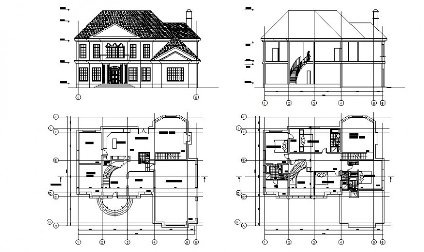 Two story elevation  and floor plan  of the house  in autocad 