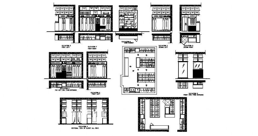 Wardrobe elevation, section and plan cad drawing details dwg file - Cadbull