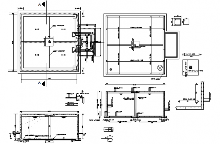 Water reservoir tank section, plan and plumbing structure drawing