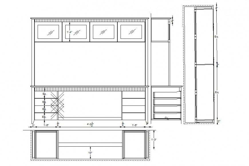 Wooden tv cabinet elevation, section and plan cad drawing 